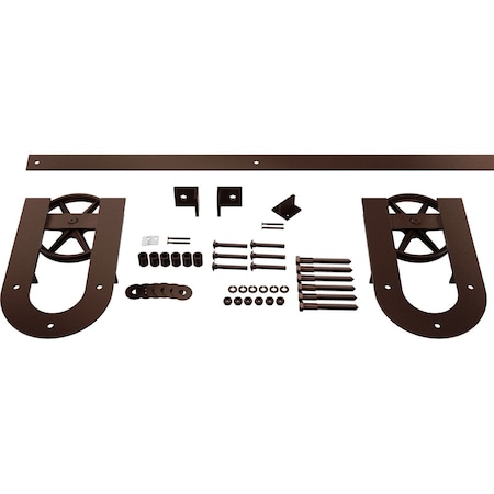 Ekena Millwork Premium Wagon Wheel Horseshoe Barn Door Hardware Set w/ 4' Track for 1 3/8" Doors, Rustic Brown GB600134H2WRB